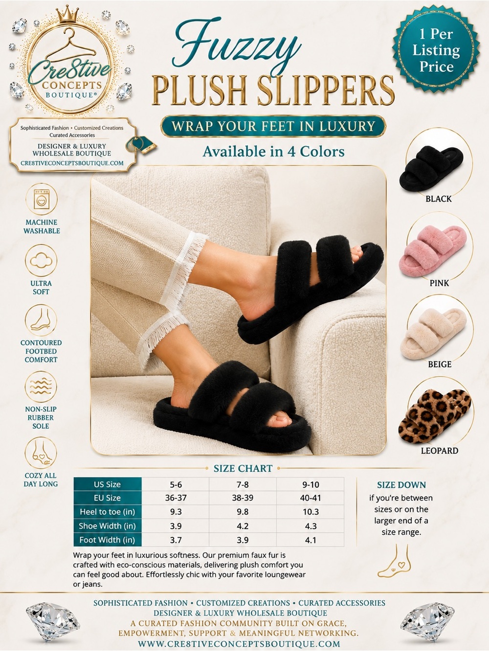 Plush Memory Foam, Fuzzy Non-Slip Cozy Fur Slip-On Slippers-Black